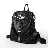 Vintage Soft Washed PU Leather Women Backpack Rivet Female Travel