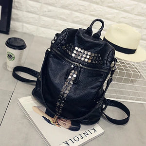 Vintage Soft Washed PU Leather Women Backpack Rivet Female Travel