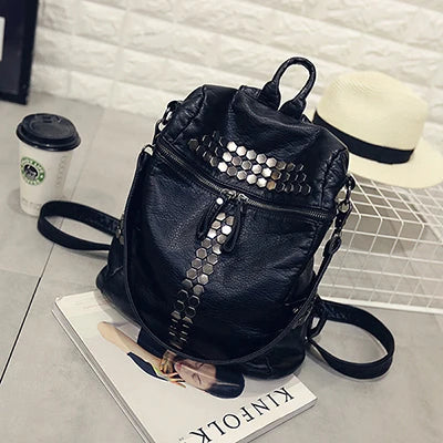 Vintage Soft Washed PU Leather Women Backpack Rivet Female Travel