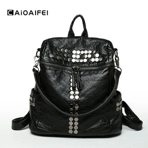 Vintage Soft Washed PU Leather Women Backpack Rivet Female Travel