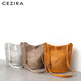 Hollow Out PU Leather Bucket Bag Women Soft Vegan Leather Handbag