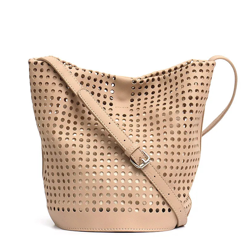 Hollow Out PU Leather Bucket Bag Women Soft Vegan Leather Handbag