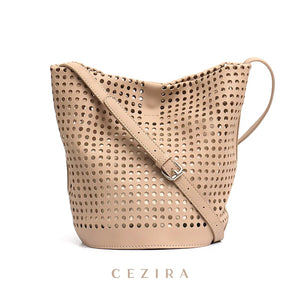 Hollow Out PU Leather Bucket Bag Women Soft Vegan Leather Handbag
