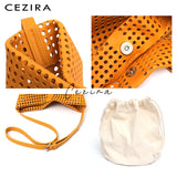 Hollow Out PU Leather Bucket Bag Women Soft Vegan Leather Handbag