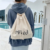 Canvas Women Backpack Letter Printing Backpack Female Retro Drawcord School Bag