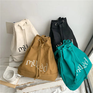 Canvas Women Backpack Letter Printing Backpack Female Retro Drawcord School Bag