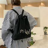 Canvas Women Backpack Letter Printing Backpack Female Retro Drawcord School Bag