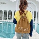 Canvas Women Backpack Letter Printing Backpack Female Retro Drawcord School Bag