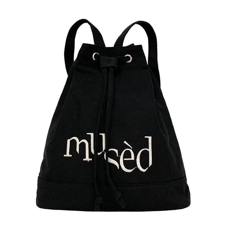 Canvas Women Backpack Letter Printing Backpack Female Retro Drawcord School Bag