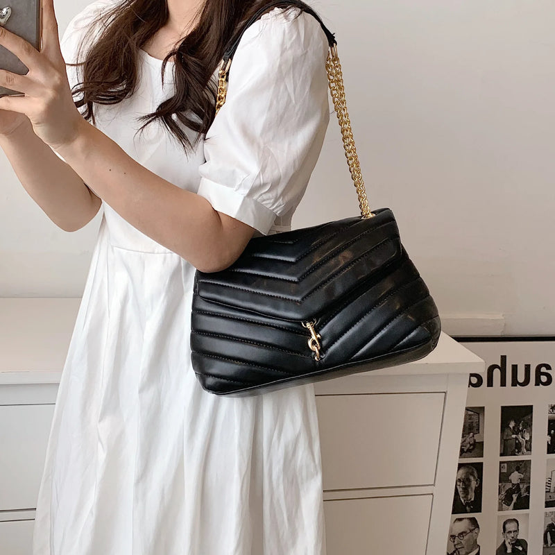 Vintage Lingge Chain Shoulder Bag Leather Large Tote Bag