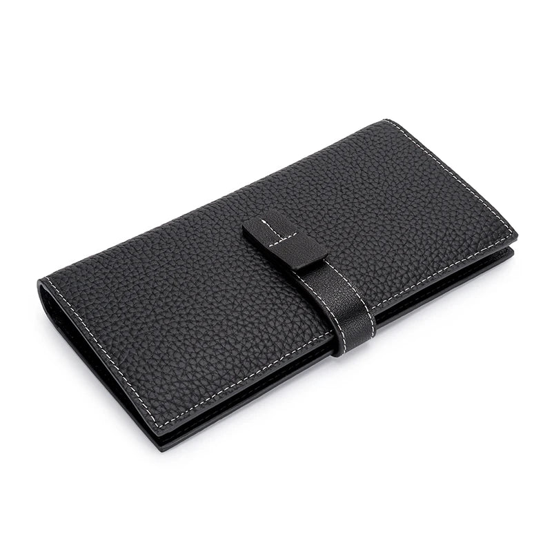 Cowhide Leather Zipper Purse Drawstring Long Wallet for Women