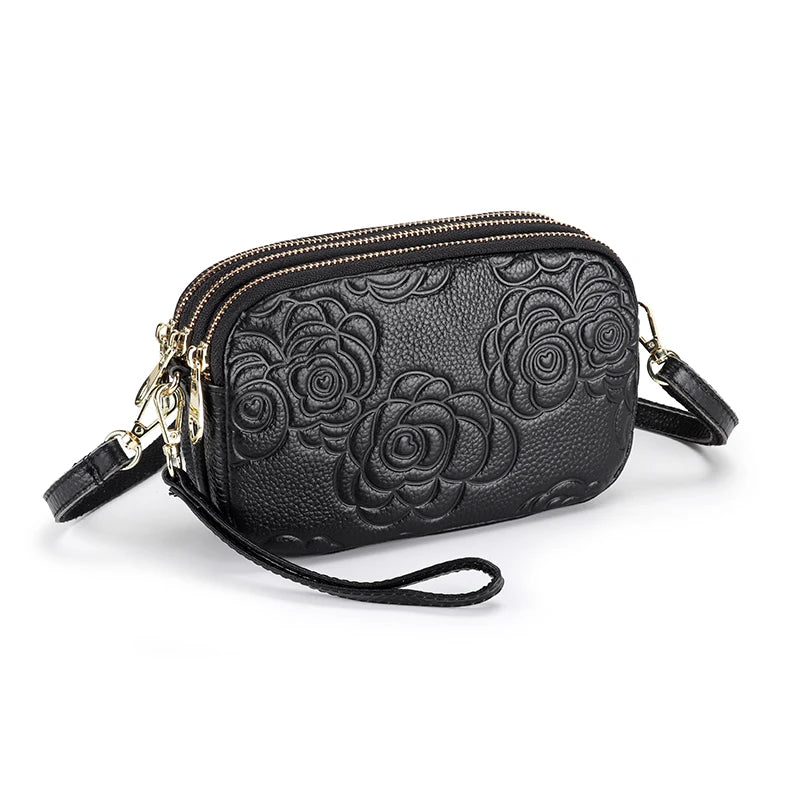 Embossed Flower Leather Messenger Bag for Women