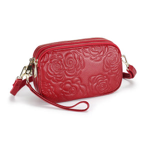 Leather Messenger Bag Female Three Zipper Embossing Flower Small Bag