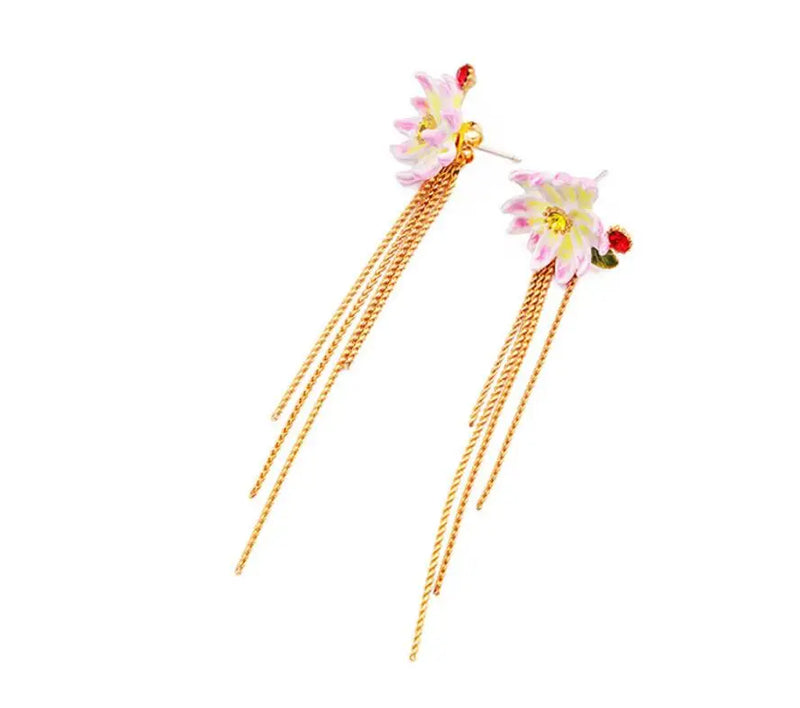 Enamel Glaze Flower Tassel Earrings