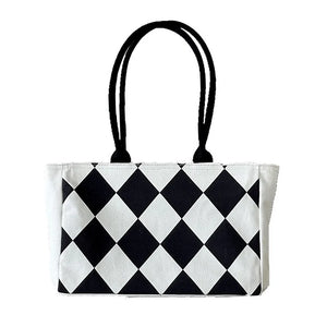 Chequer Pattern Women Casual Tote Large Capacity Canvas Handbag
