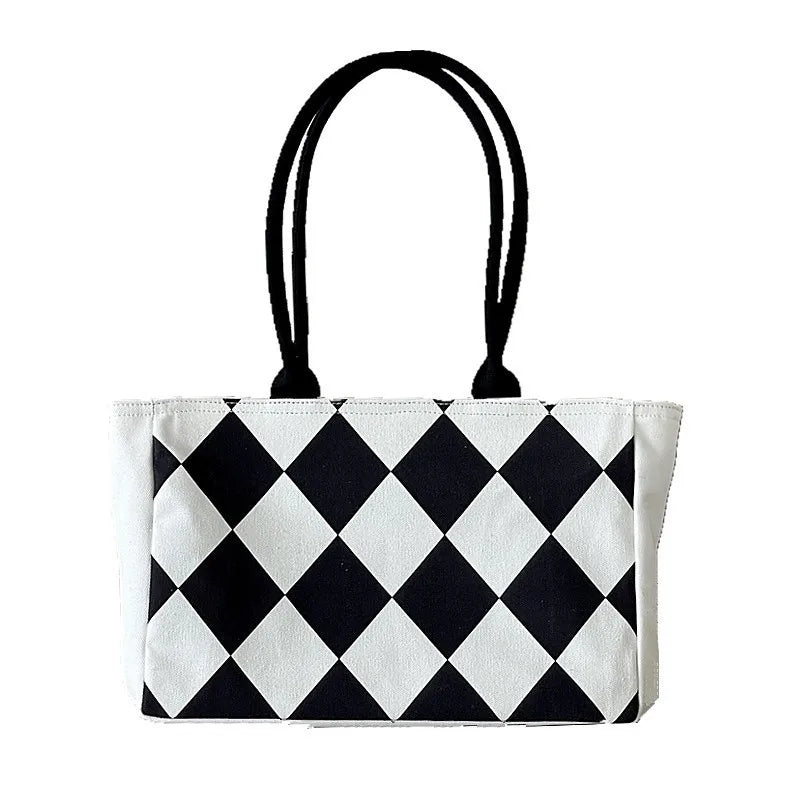 Chequer Pattern Women Casual Tote Large Capacity Canvas Handbag