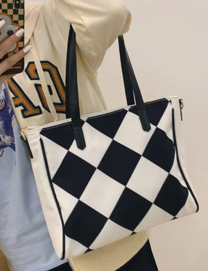 Chequer Pattern Women Casual Tote Large Capacity Canvas Handbag