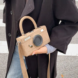Camera Shape Box Purse Faux Suede Top Handle Crossbody Clutch Bag
