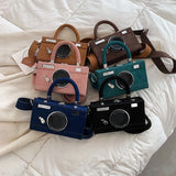 Camera Shape Box Purse Faux Suede Top Handle Crossbody Clutch Bag