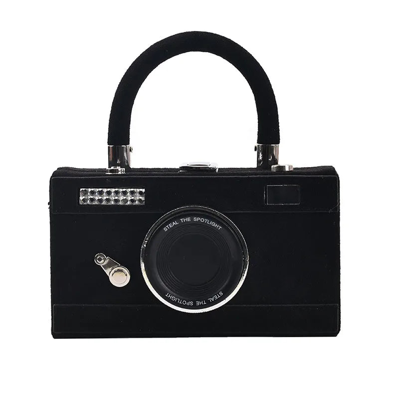 Camera Shape Box Purse Faux Suede Top Handle Crossbody Clutch Bag