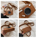 Camera Shape Box Purse Faux Suede Top Handle Crossbody Clutch Bag