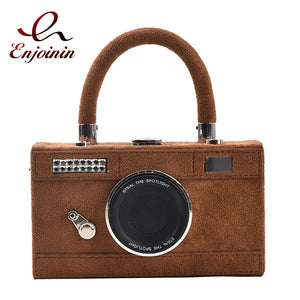 Camera Shape Box Purse Faux Suede Top Handle Crossbody Clutch Bag