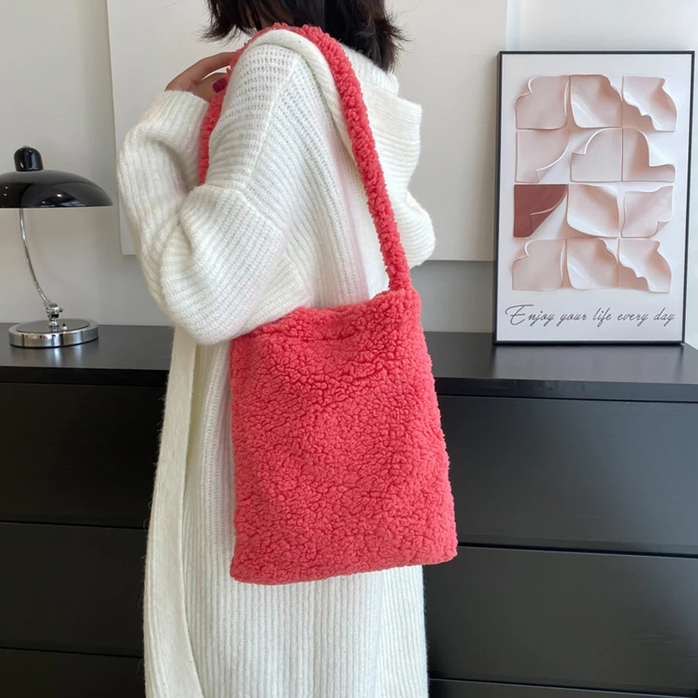 Soft Fleece Candy Purse Shoulder Bag for Autumn Winter Ladies