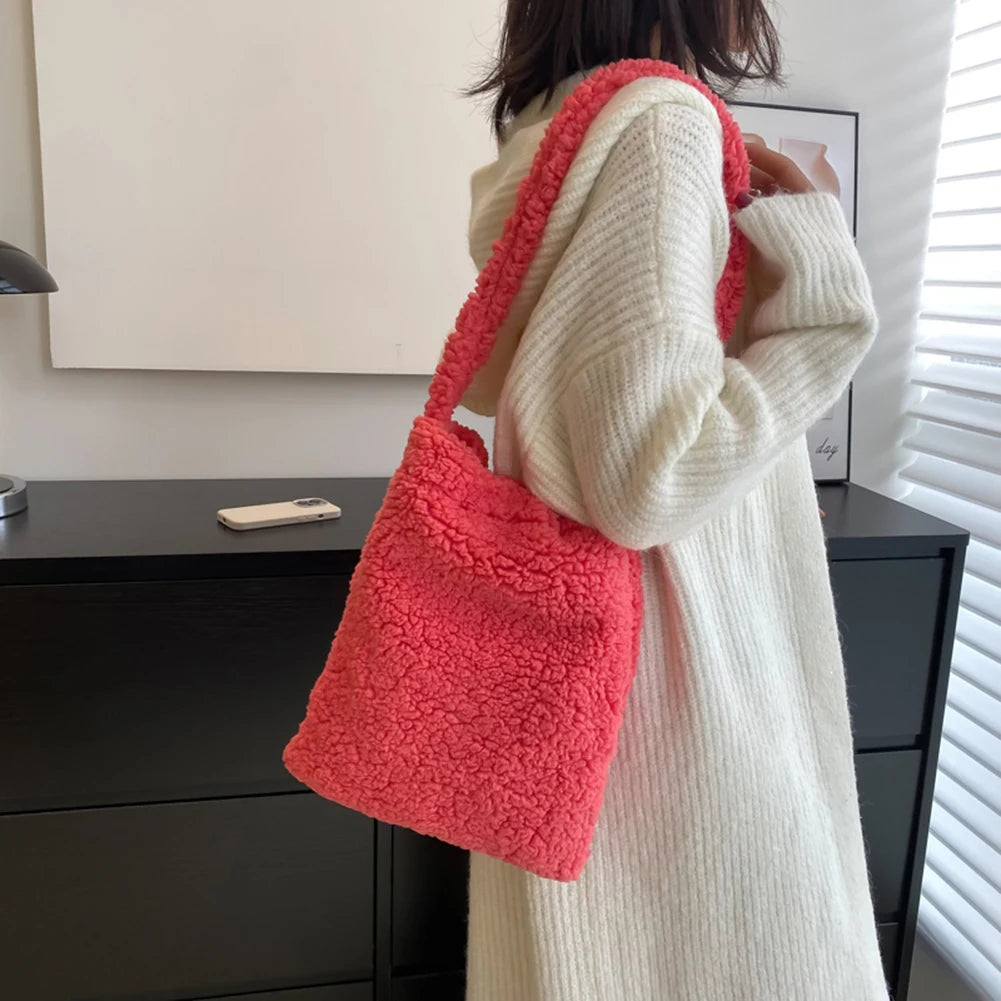 Soft Fleece Candy Purse Shoulder Bag for Autumn Winter Ladies