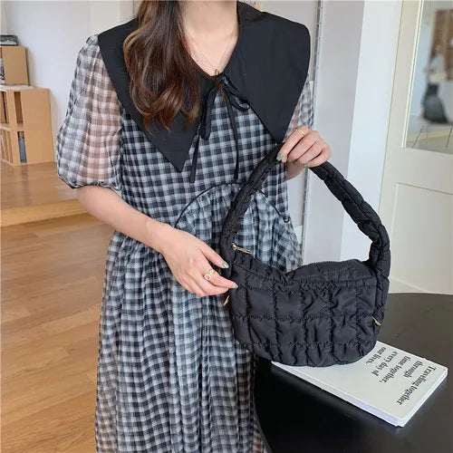 Candy Women Underarm Bag Pleated Hobos Handbags Plaid Female Tote Purse
