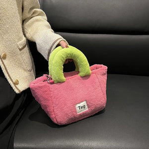 Candy Colors Small Tote Plush Shoulder Bag Faux Fur Female Clutch Purse