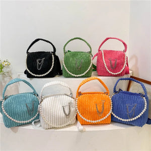 Candy Colors Corduroy Shoulder Bag for Women - Small Handbag Zipper Tote