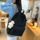 Canvas Backpack Daypack School Bag with Bear Pendant for Students Girl Gift