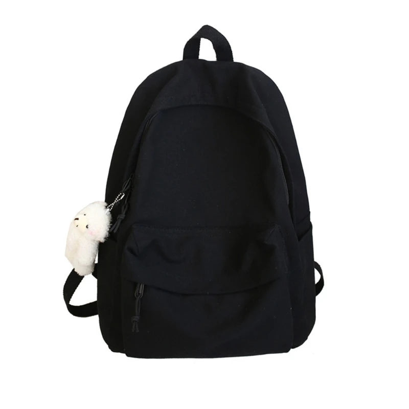 Canvas Backpack Daypack School Bag with Bear Pendant for Students Girl Gift