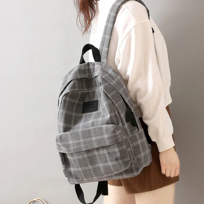 Canvas Backpack Plaid Women Student School Bag Casual Large Capacity Bags