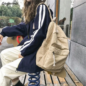Canvas Backpacks Women Solid Large Capacity School Bags Retro Ulzzang