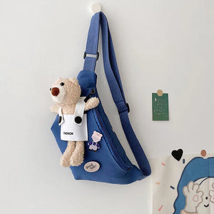 Canvas Bag Women's Chest Bag Bear Cartoon Student Girls Ins One Shoulder Messeng