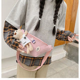 Canvas Bag Women's Chest Bag Bear Cartoon Student Girls Ins One Shoulder Messeng