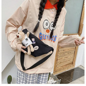 Canvas Bag Women's Chest Bag Bear Cartoon Student Girls Ins One Shoulder Messeng