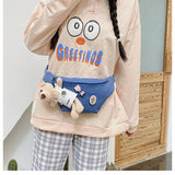 Canvas Bag Women's Chest Bag Bear Cartoon Student Girls Ins One Shoulder Messeng