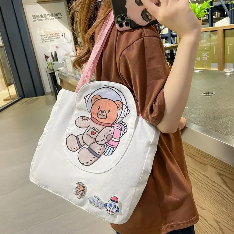 Cartoon Print Canvas Shoulder Bag for Women Reusable Totes