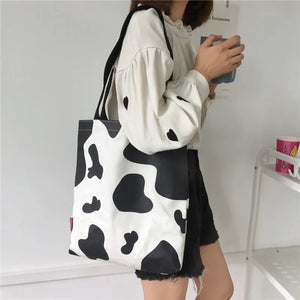 Cow Pattern Shopping Bag Harajuku Sweet Girls Casual Totes Large Shoulder