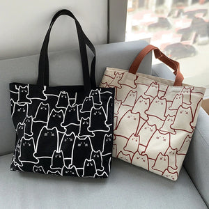 Women's Cat Tote Bag with Zipper - Japanese Style Shopper Shoulder Bag