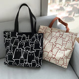Women's Cat Tote Bag with Zipper - Japanese Style Shopper Shoulder Bag