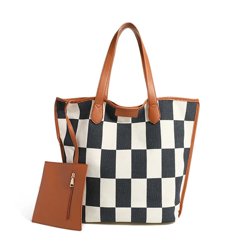 Canvas Shoulder Bag Checkered Top Handbag Shopping Tote Bag