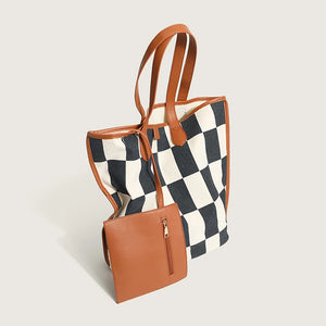 Canvas Shoulder Bag Checkered Top Handbag Shopping Tote Bag