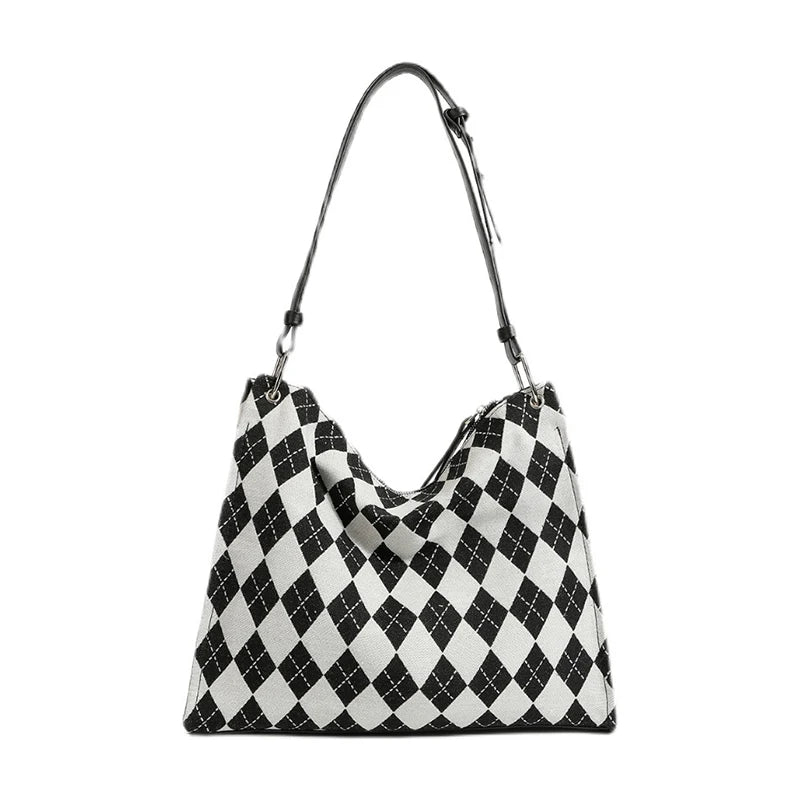 Canvas Checkered Shoulder Bag Women Large Capacity Tote Bag