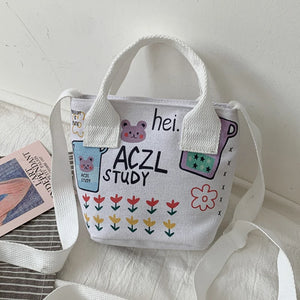 Canvas Bucket Bags for Women Student Shoulder Bags Cartoon Messenger Bags