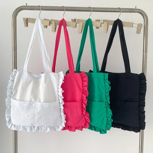 Canvas Ruffled Shoulder Bag Large Capacity Tote