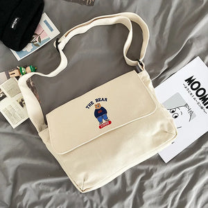 Canvas Crossbody Bags for Women Messenger Bag Cartoon Embroidered Bear