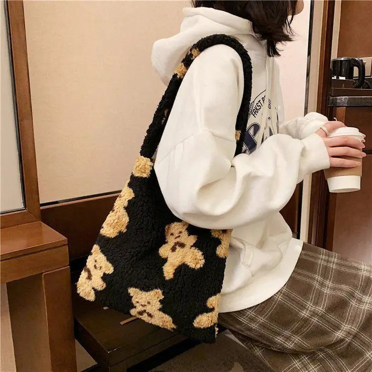 Canvas Fluffy Fur Bear Handbags Large Capacity Soft Shopping Bags School Bag